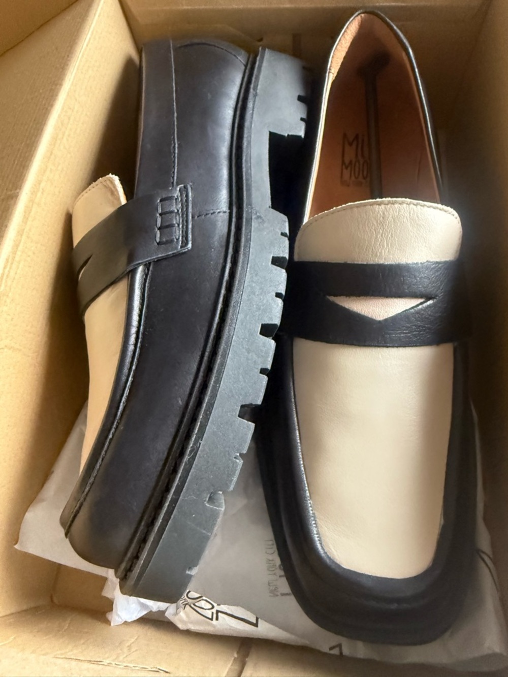 Miz Mooz Black and Cream Two-Tone Lug Sole Penny Loafers